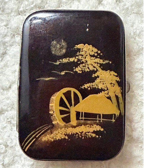 Vintage Japanese Cigarette Match Case Set Hand Painted Lacquer Gold 1950s - Picture 3 of 16